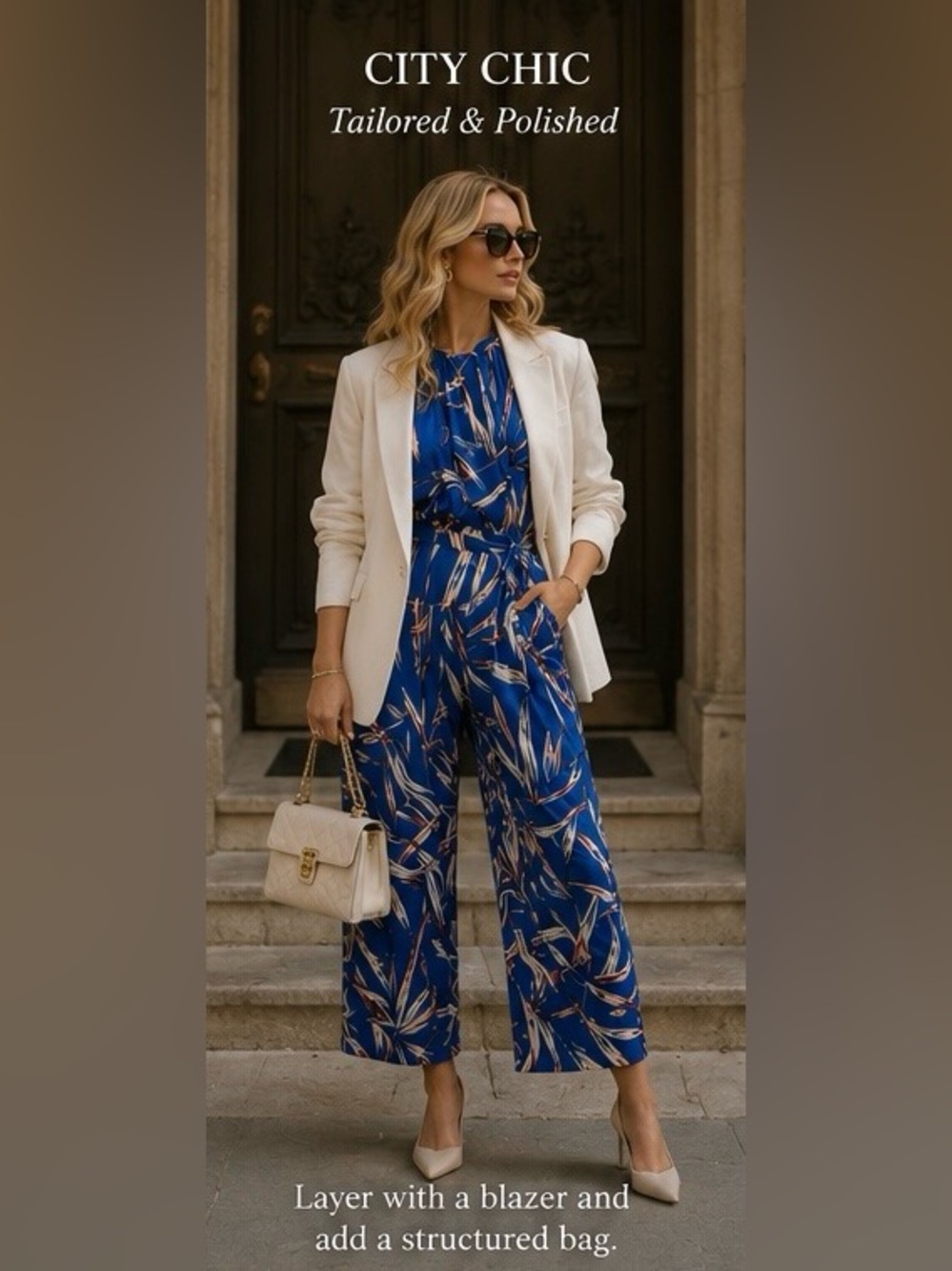🔥Blogger Favorite Blue Tropical Print Cropped Jumpsuit ✨ Greece Vacation Luxe - Picture 4 of 13